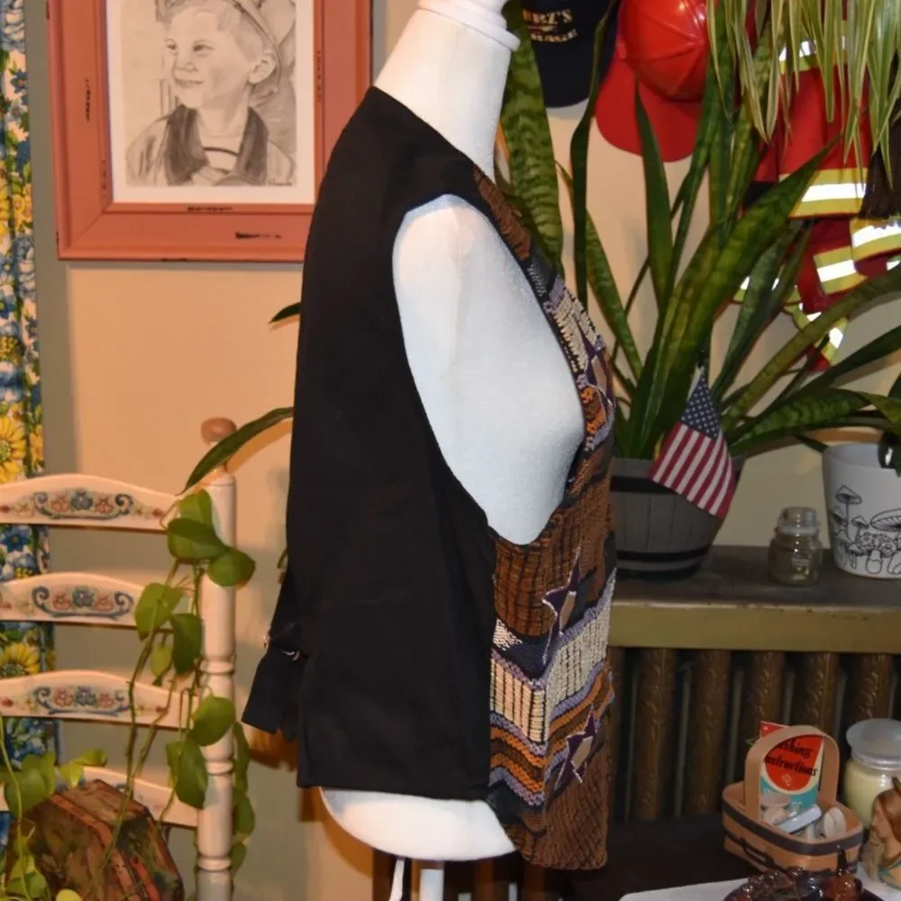 Vintage 80s Jane Ashley Boho Western Tapestry Vest Stars Cinched Back Size Med